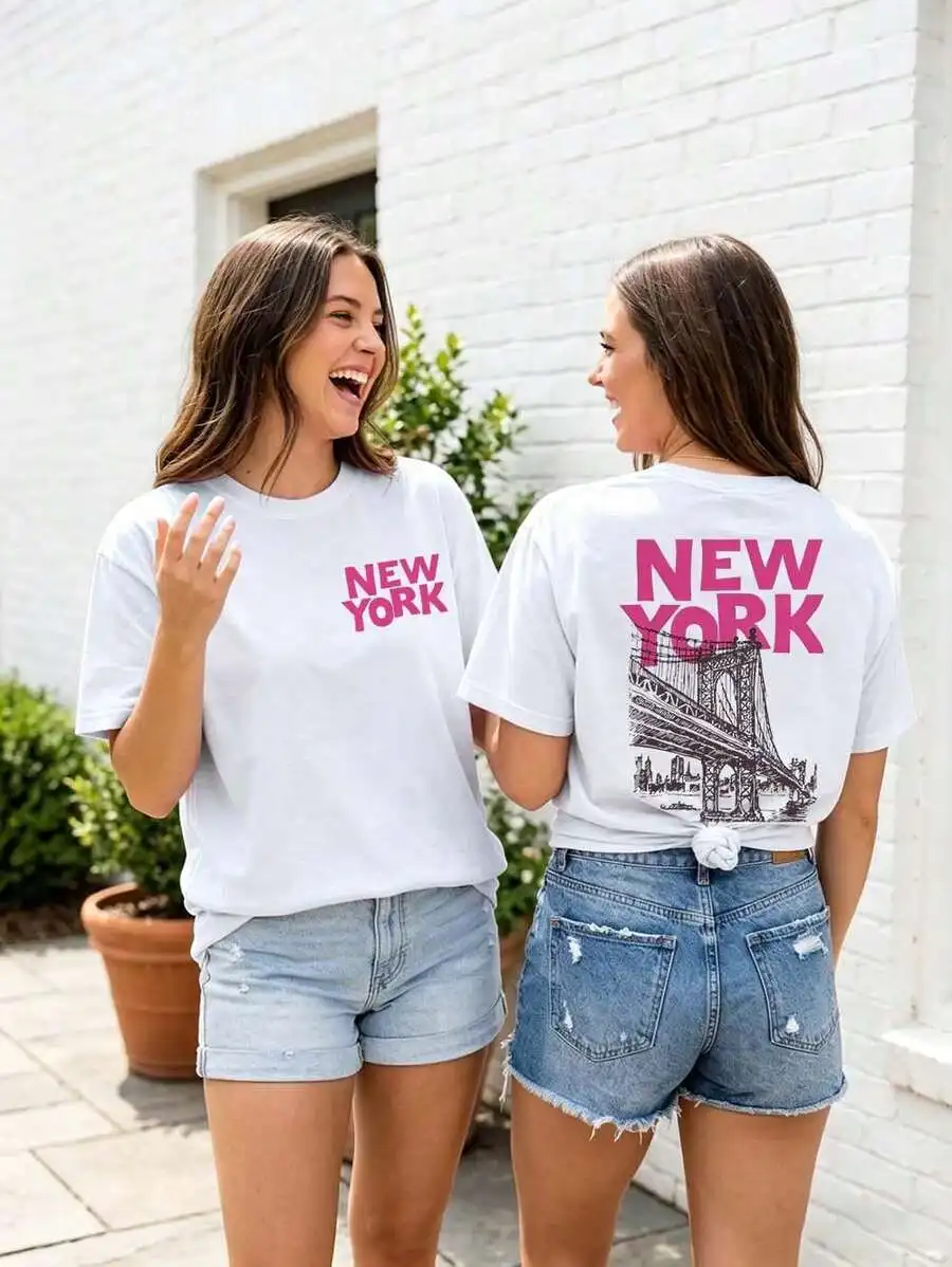 New York City Slogan Print Back-To-School Vintage Women's T-Shirt, Casual Round Neck Short-Sleeved T-Shirt.