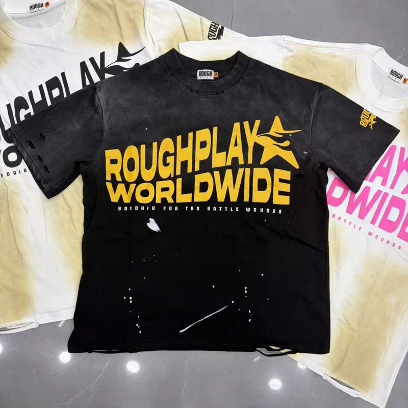 Europe America Hip-hop Rough Play T-shirt Men Women High Quality Retro Washed Pattern Printed Short Sleeve Tee