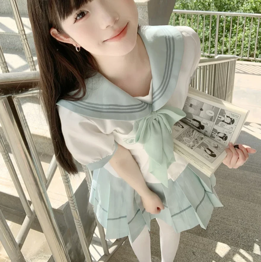 Summer New Sweet Japanese Jk Sets Green Navy Collar College Short Sleeve  Shirt Fashion Age-reducing High Waist Pleated Skirt