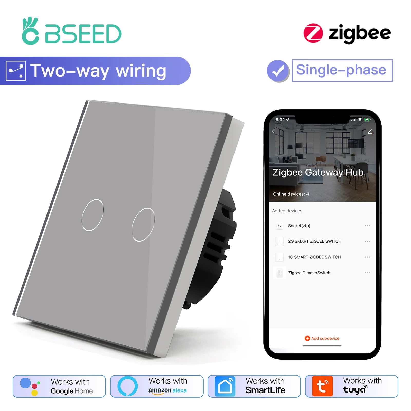 BSEED 1/2/3Gang Smart Zigbee Touch Light Switch 2-Way Control Compatible with Alexa/Google Home No Neutral Wire Touch Switch image 3