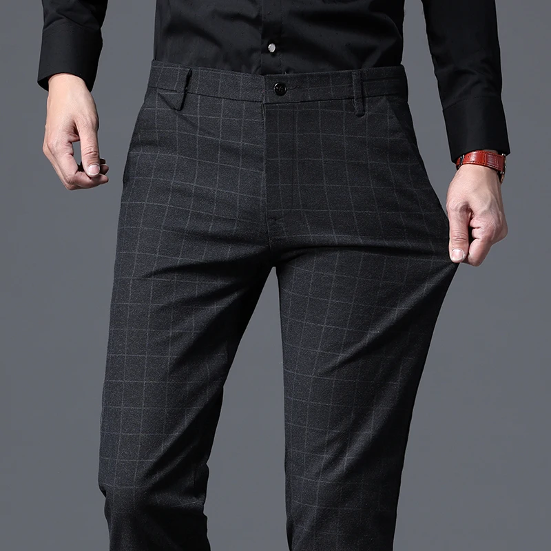 

2024 Autumn New Men's Slim Plaid Casual Pants Fashion Soft Stretch Business Work Trousers Gentleman Brand Clothes Black Blue