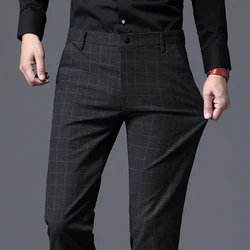 2024 Autumn New Men's Slim Plaid Casual Pants Fashion Soft Stretch Business Work Trousers Gentleman Brand Clothes Black Blue
