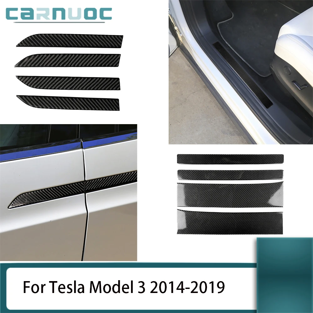 Carbon Fiber Exterior Door Handle Panels Door Sill Strips Stickers For Tesla Model 3 2014-2019 Interior Decorative Accessories