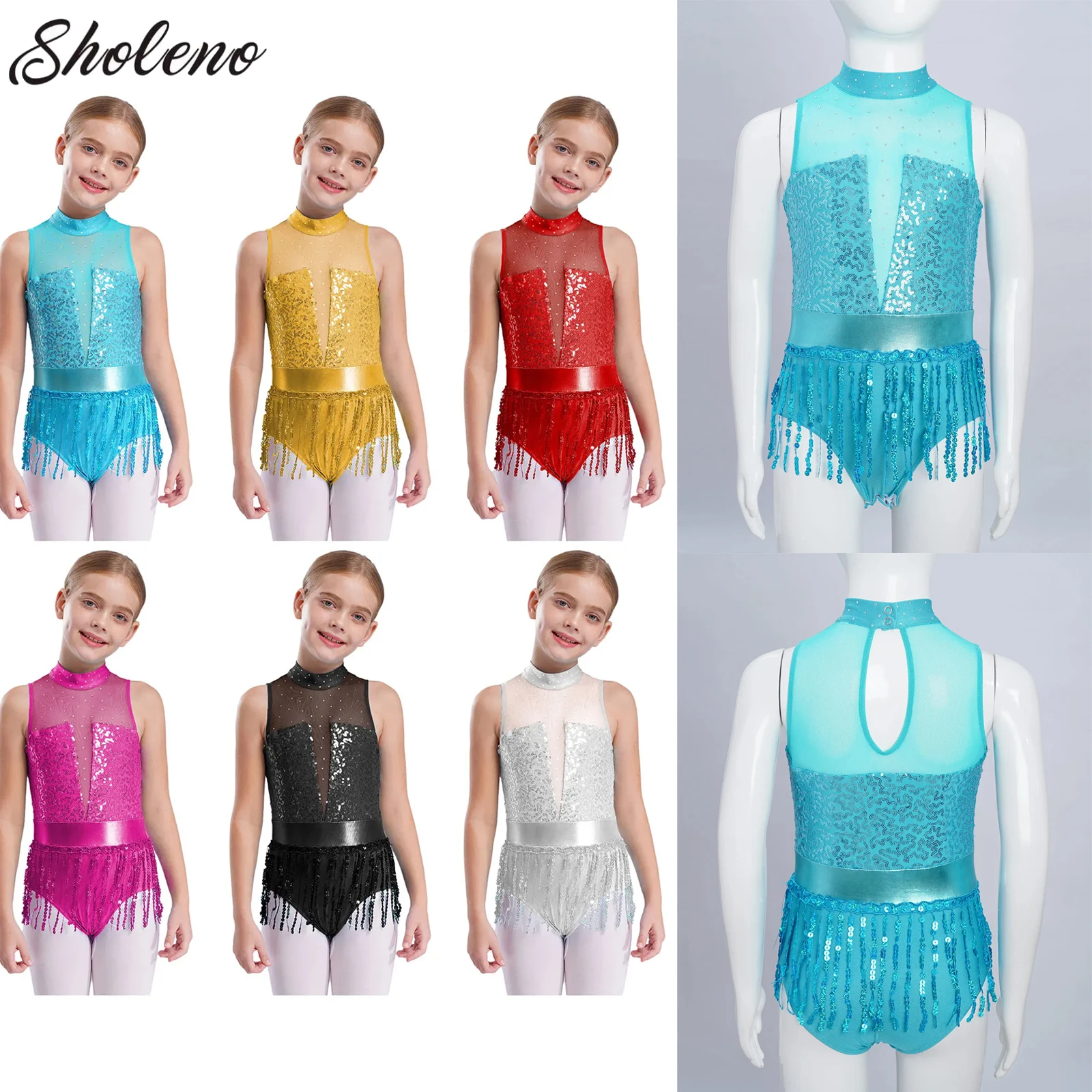 

Kids Girls Sequins Tassels Dance Leotard Latin Jazz Dance Stage Performance Costume Gymnastics Ballet Samba Fringed Bodysuit