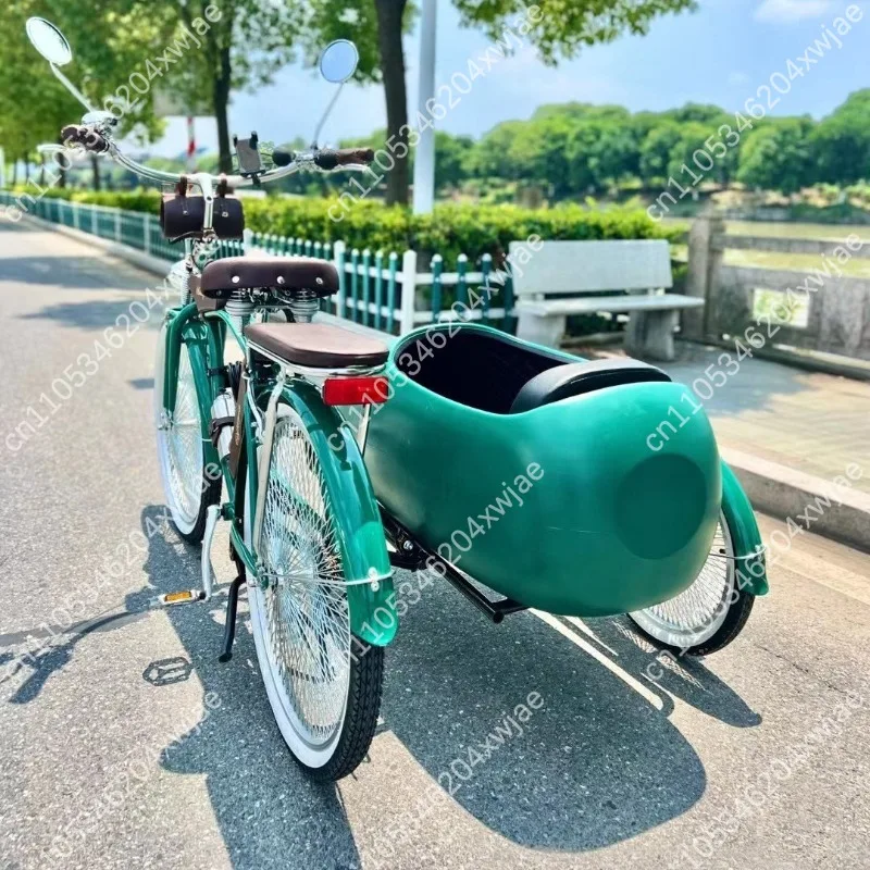 Classic Sidecar Tricycle Comfort Ride, Dense Spoke Wheel Cruiser Bike, Adult Leisure Three Wheeler