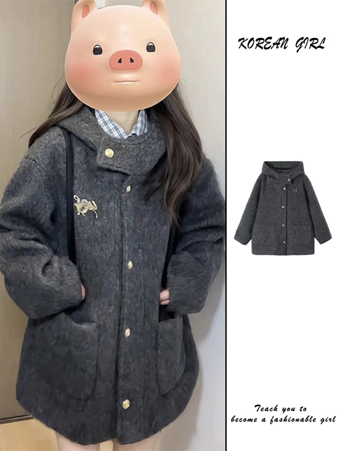 

Ele ey Hooded Woolen Coat Women's Winter Thiened Retro Korean Sle ort Outerwear Lapel Quilted Coat Long Sve