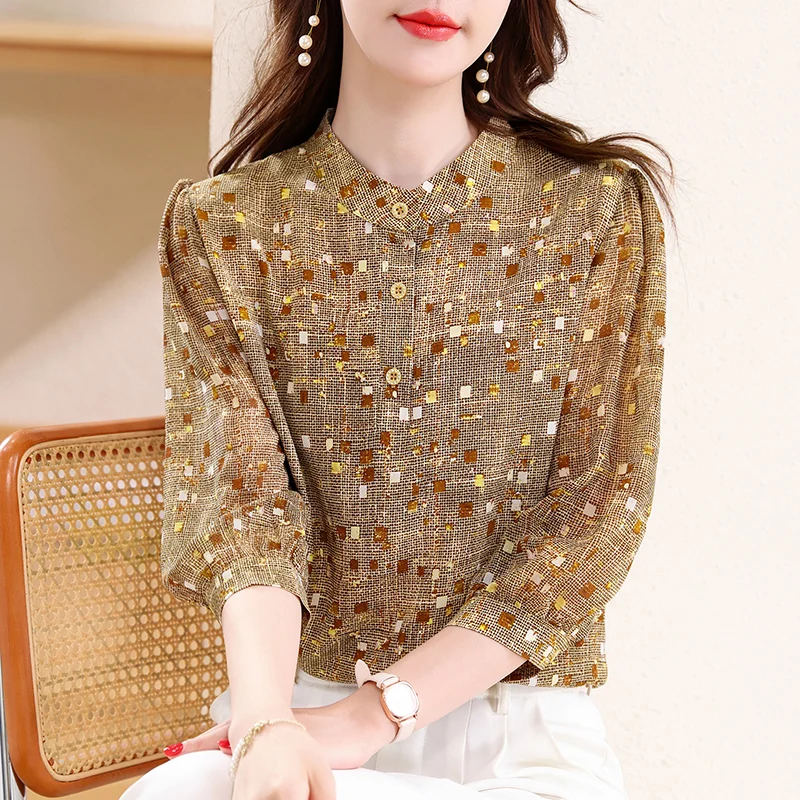 

Elegant Silk Chiffon Shirt 2025 Summer New 3/4 Sleeve Fashion Women Printed Tops Elegant Fashion OL Blouse