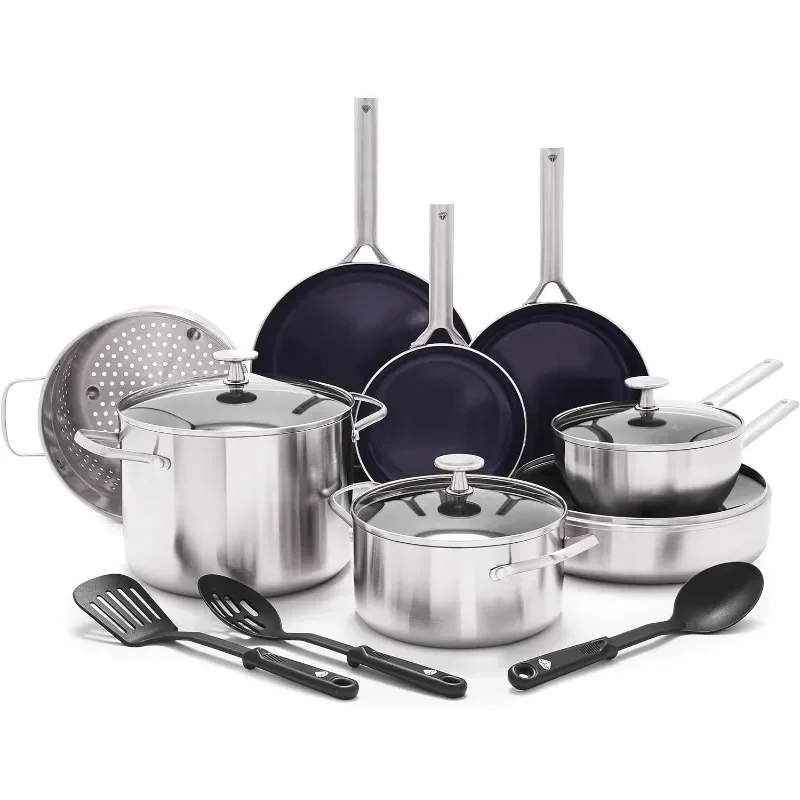 Blue Diamond Cookware Tri-Ply Stainless Steel Ceramic Nonstick, 15 Piece Cookware Pots and Pans Set, PFAS-Free, Multi Clad, Indu