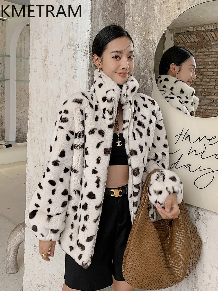 Real Rex Rabbit Fur Coat Women Black and White Leopard Print Fur Jacket 2024 Fashion Winter Clothes Woman New in Outerwears шуба