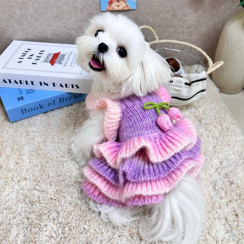 Autumn Winter Puppy Sweater Outfits Fashion Pink Purple Flower Gradient Sling Dresses for Small Medium Dogs Poodle Pet Clothes