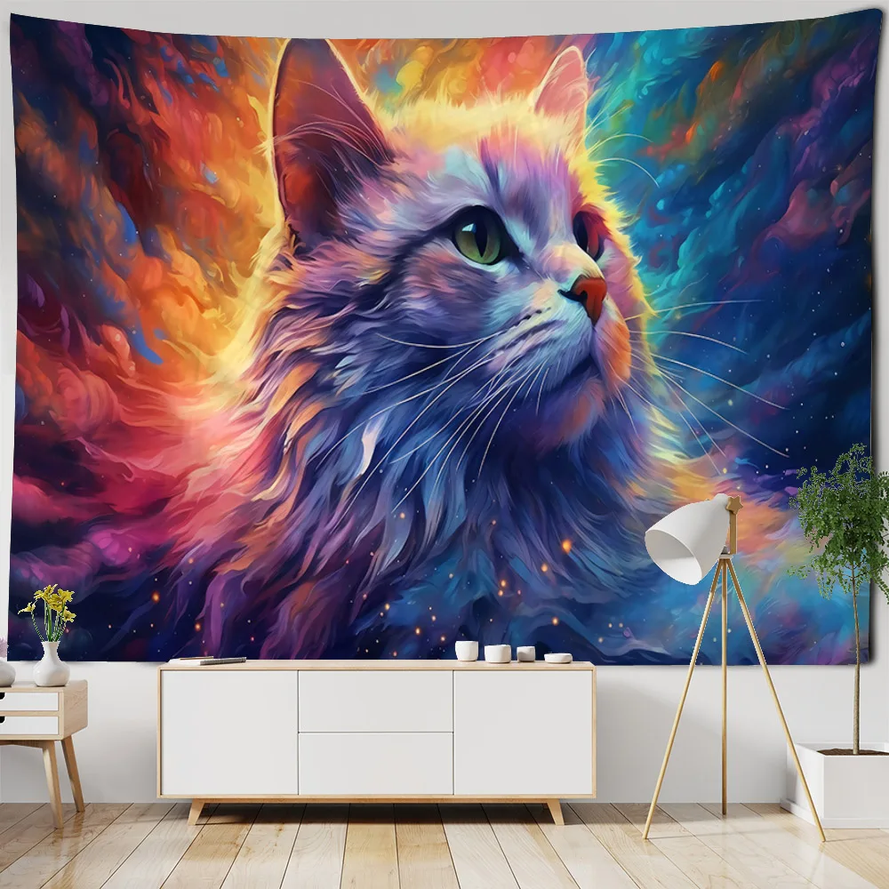 Hiasan dinding permadani kucing berwarna, kerajinan sihir, asrama hewan psychedelic, dekorasi kamar estetika, kain latar belakang impian