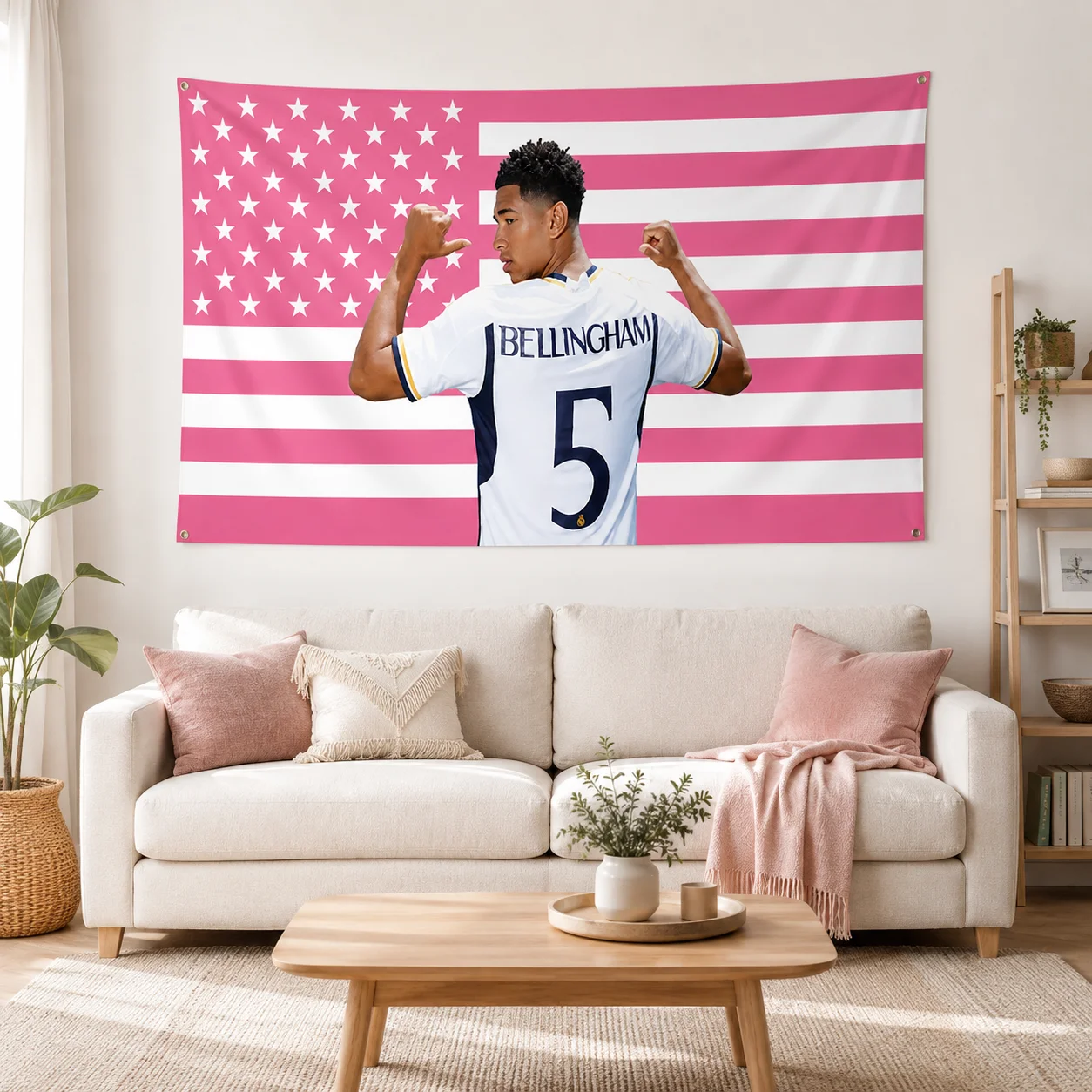 Jude Bellingham No.5 Football Tapestry Pink American Flag Background Soccer Star Wall Hanging Bedroom Dorm Decor Fan Gift