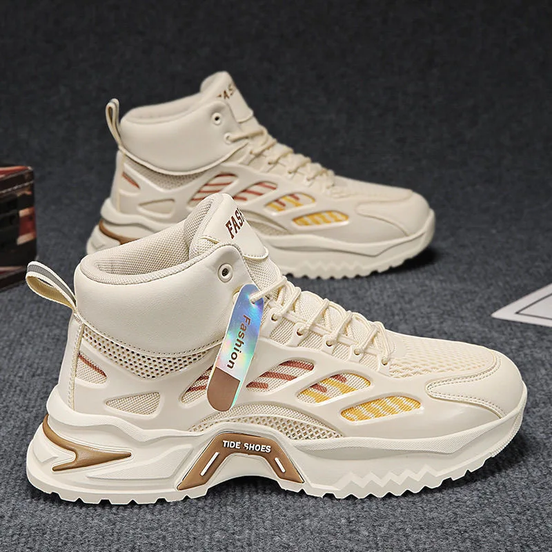 Tênis de cano alto de malha respirável masculino 2025 nova queda sola grossa pai sapatos plataforma sapatos esportivos casuais para homem