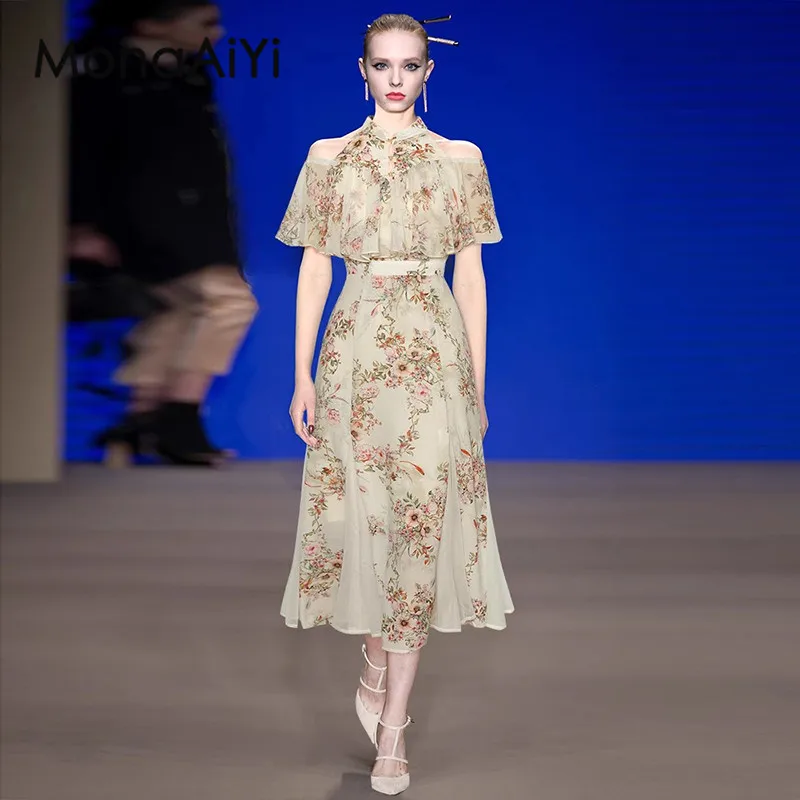 

MonaAiYi Fashion Designer spring Summer Women's Chiffon Stand Collar Off Shoulder Butterfly sleeve Printed Dresses