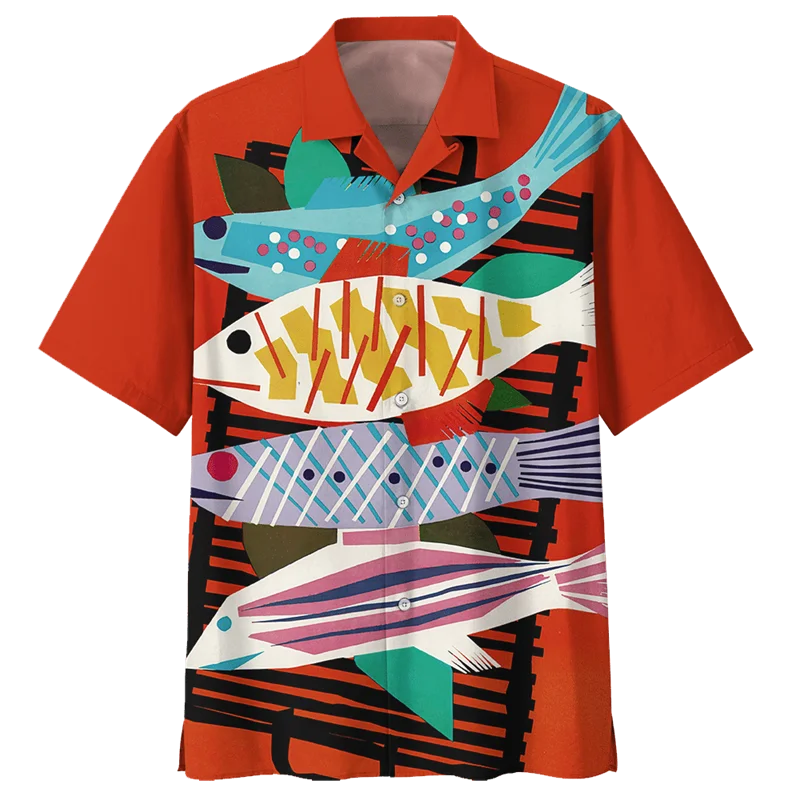 Kleurrijk Vis Hawaiiaans Shirt Voor Mannen Zomer 3D Zeedieren Gedrukt Strandblouse Oversize Revers Korte Mouw Knop Losse Shirts