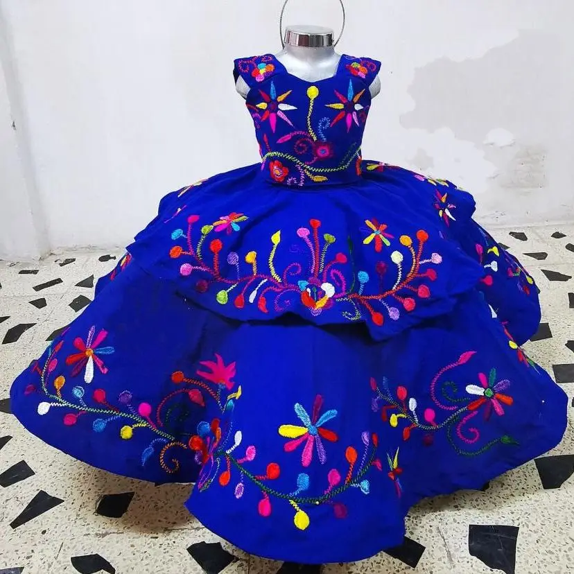 Mexikanischen Bestickt Blume Mädchen Kleider Für Hochzeit Kinder Royal Blau Satin Baby Hochzeit Gast Kleid Für Mädchen