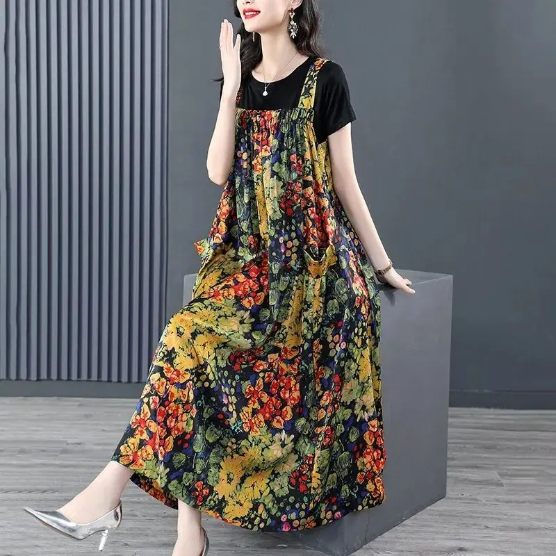 

Vintage Broken Flowers Long Dress Sets Summer Short Sleeve Female Clothing Casual Loose A-Line Stylish Shirring Matching Sets