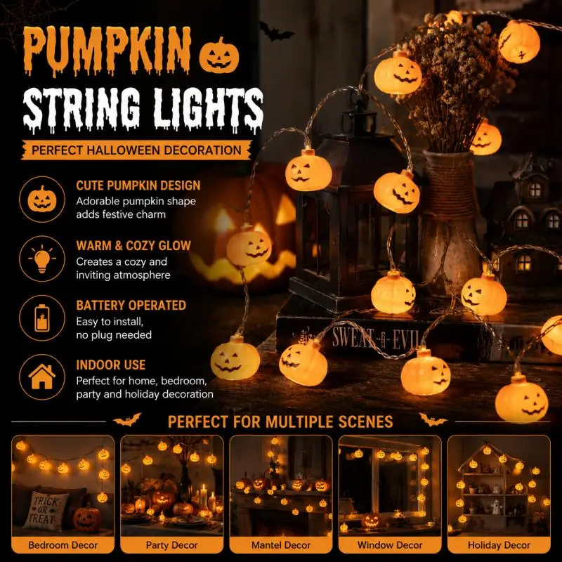 Halloween Pumpkin LED String Lights Battery Operated Fairy Lamp for Home Bedroom Party Table Window Indoor Decorative Lighting