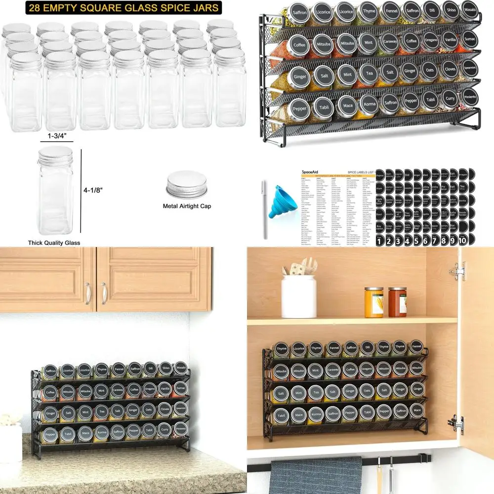 

Space-Saver Spice Rack with 36 Jars, Labels, Marker, and Funnel for Mounting on Cabinets, Counters, and Walls - 36 Jars, 17.2W ×