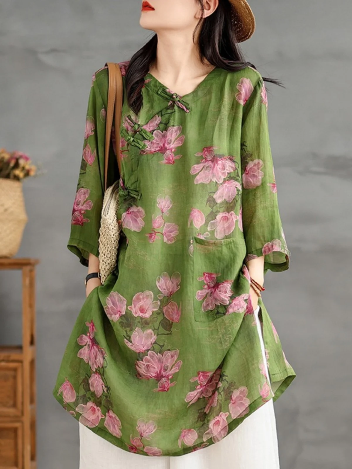 

New Chinese Sle Linen irt Women Summer Mid-Length Vintage Print Seven-Quarter Sve Button-Up V-Ne Loose Fit Top