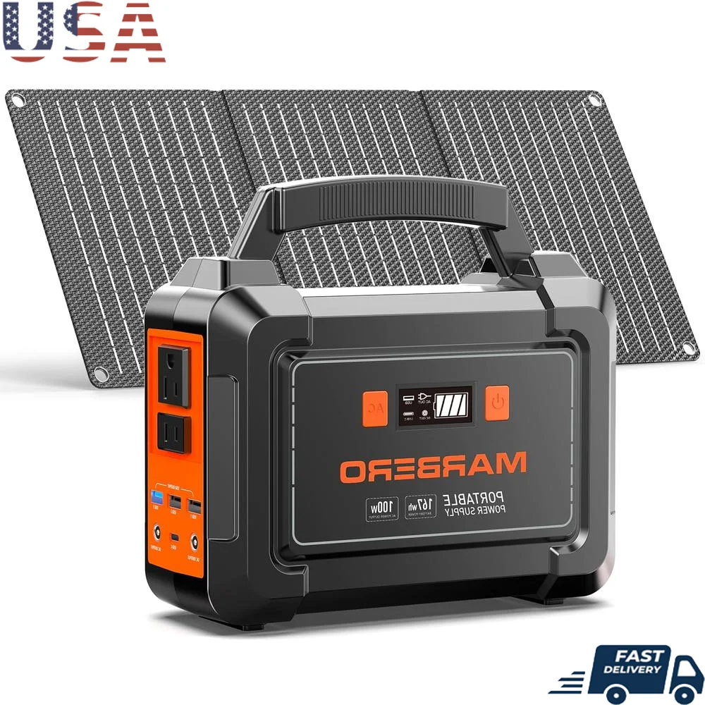 Portable Solar Generator 167Wh Power Station with Foldable Solar Panel 30W AC Outlet 110V Multi-Port LED Ideal Camping Road Trip