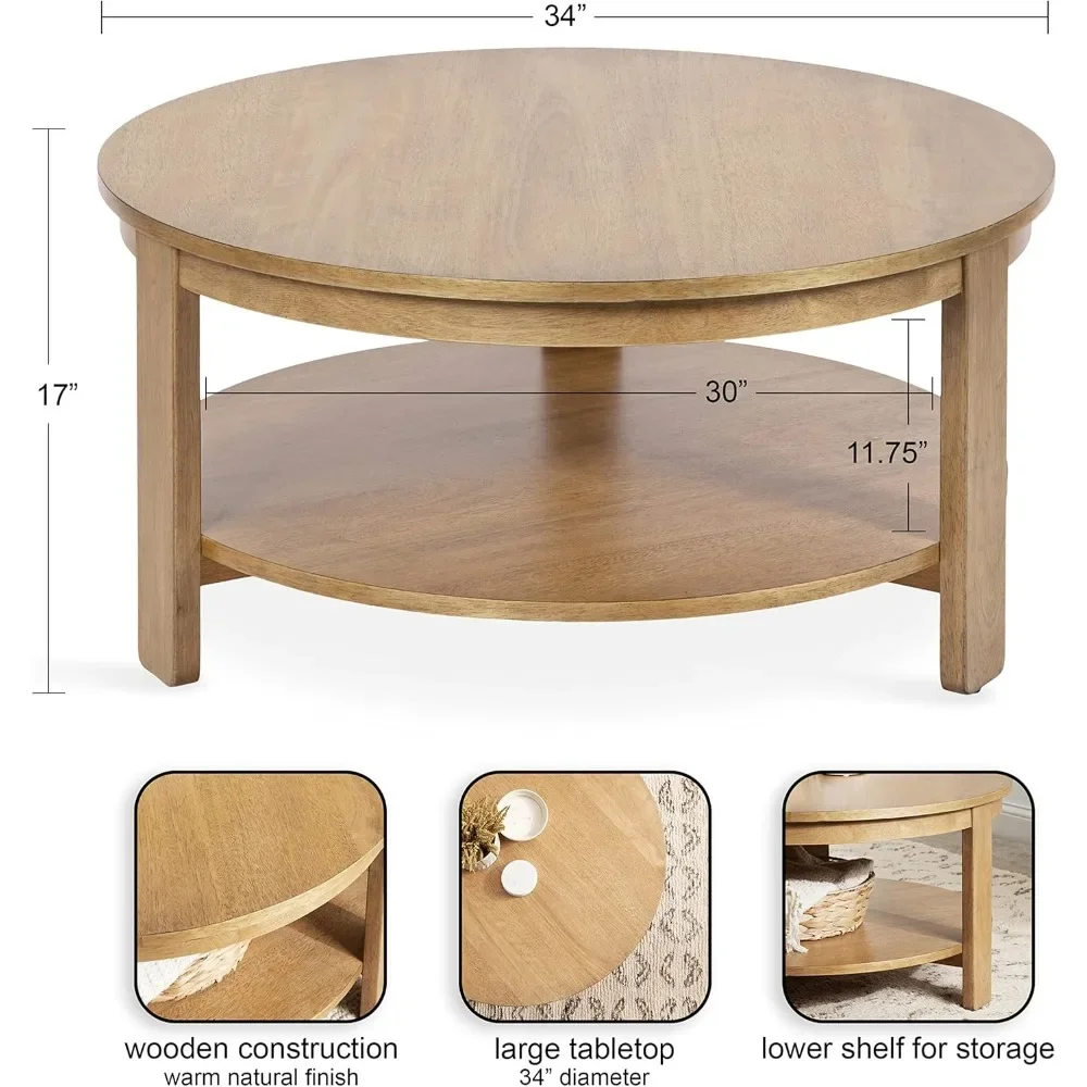 Abgestufter runder Couchtisch, 34 x 34 x 17, Naturbraun, Übergangs-Wohnzimmertisch mit zwei Etagen und Stauraum und belastbar