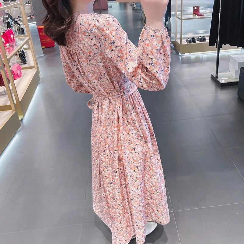 Spring New V-neck Fashion Puff Sleeve Midi Dress Women Cute Elegant Printing Lacing Dresses Lower Back All-match Y2K Vestidos