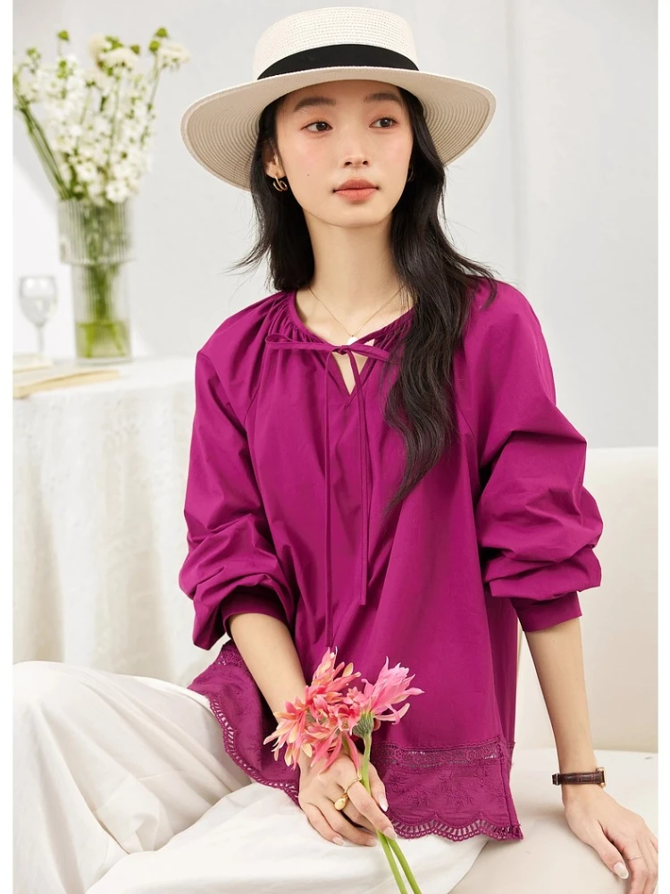 VIMLY Blouses Woman 2025 Autumn Long Sleeve Pure Cotton New Loose Shirts Casual Lace Splicing Hollow Out Hem Ladies Tops A1988