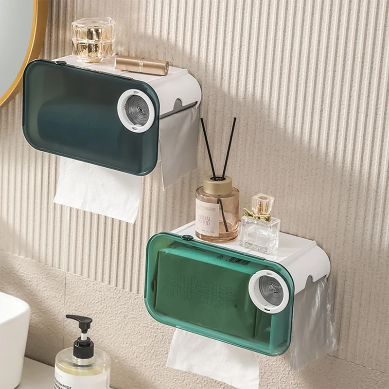 Muurmontage Badkamer Tissue Punch-Vrije Telefoonrek Case Toiletpapierhouder Waterdichte Plank Organizer Zwart