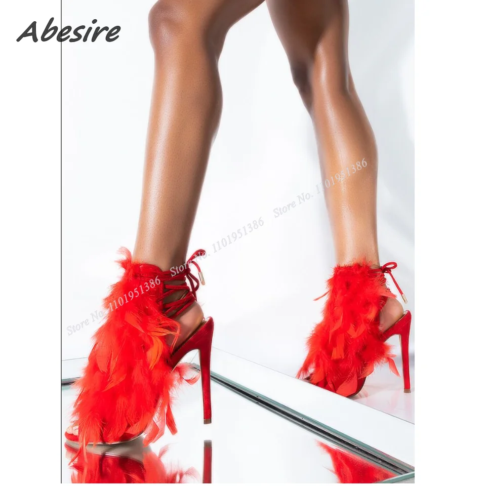 

Abesire Red Lace up Fur Decor Sandals Cut Heel Peep Toe Shoes For Women Open Toe High Heels Summer Shoes New Zapatillas Mujer