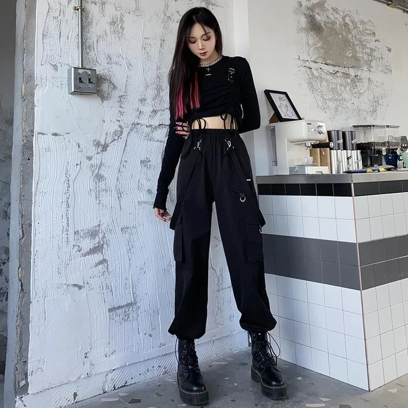 Black Cargo Pants Women Streetwear Harajuku Gothic High Waist Trousers Techwear Kpop Oversized Autumn Winter Loose Pants