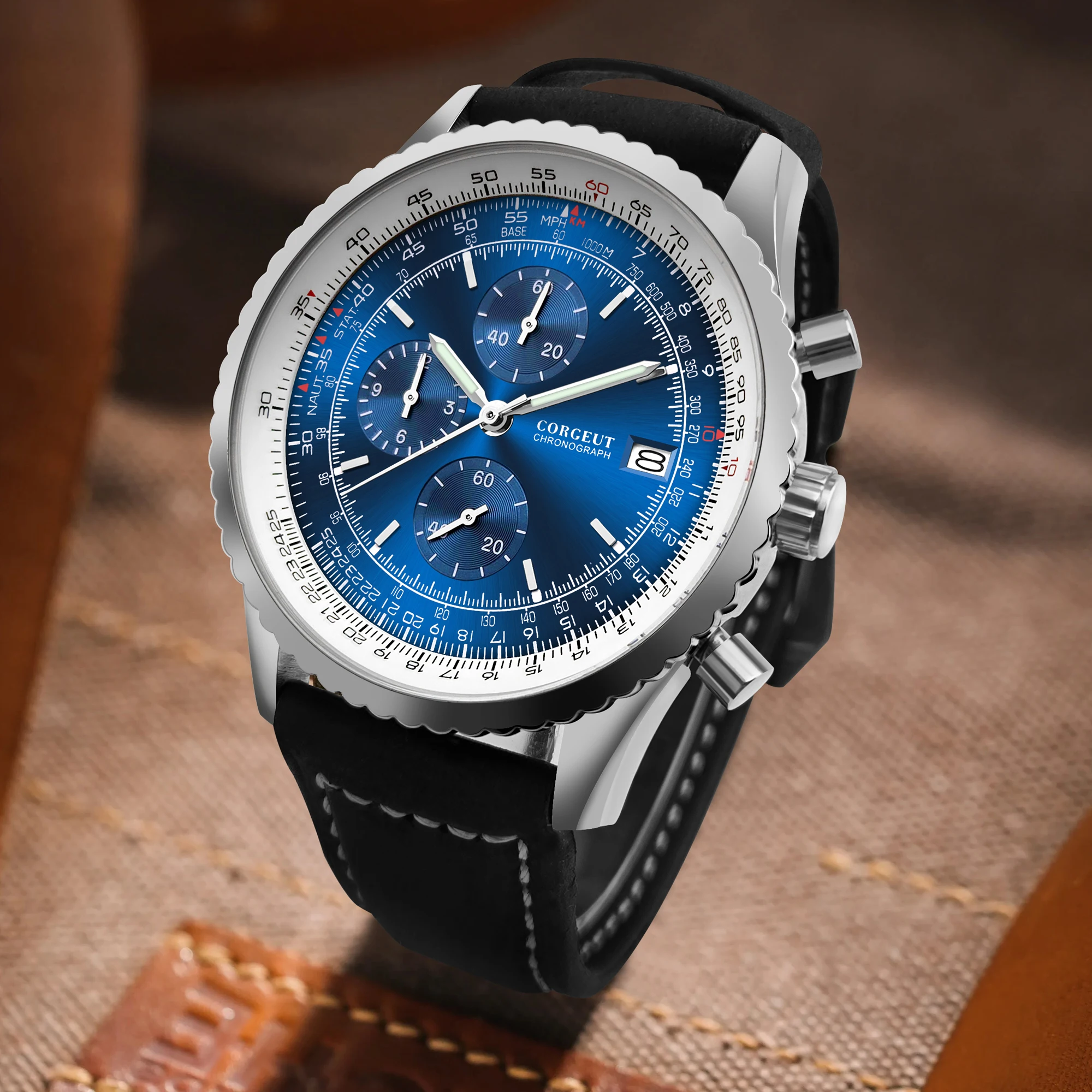 

CORGEUT 46mm Quartz Watches Luxury Fashion Casual Sports Men's Watch Black Blue Top Watch Stopwatch Flight Waterproof Watches