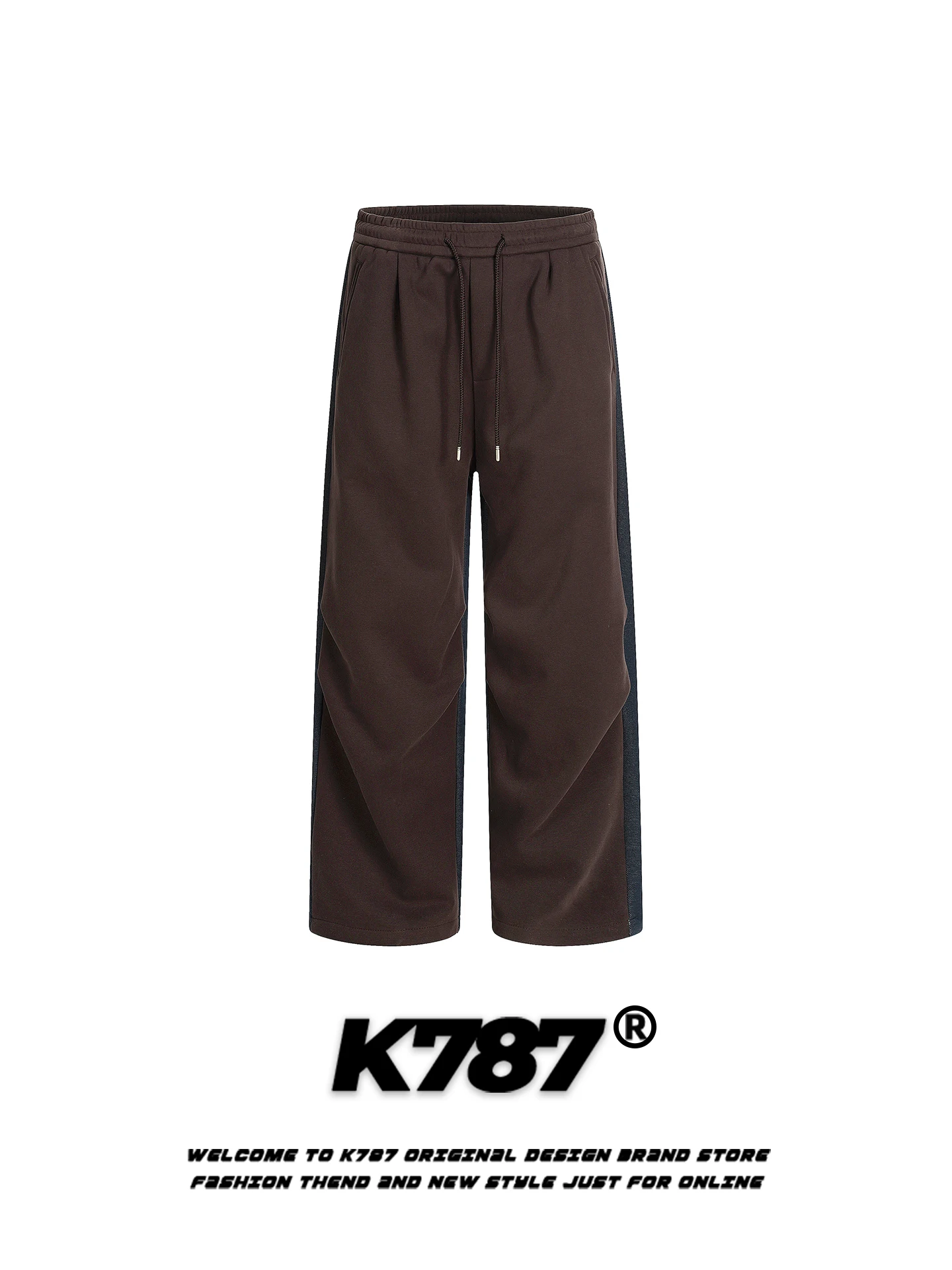 

K787 American Retro Color Block Faux Denim Casual Sweatpants High Waist Straight Leg Wide Leg Pants Men's Fleece Lined Thermal