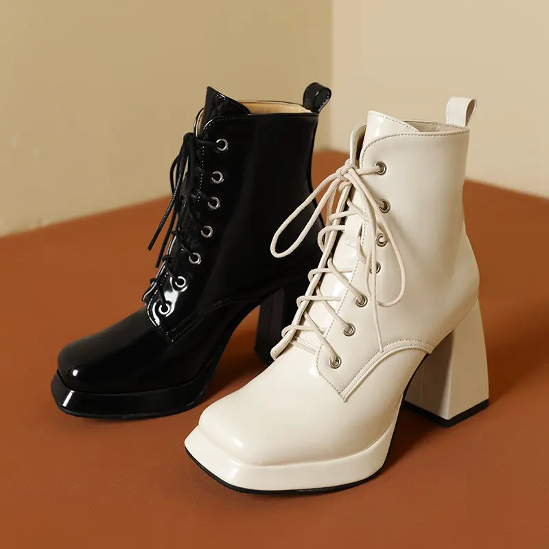 REAVE CAT Design Elegant Women Ankle Boots Toe Block Heels 9cm Lace Up 45 46 Office Lady Fashion Booty