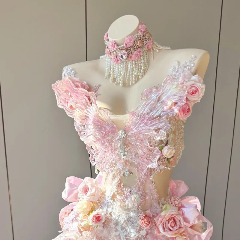 ZIWU Design Elf Dress With Pink Plush Trailing Hem Three-dimensional Floral Top Wedding Dress For Birthday Celebration
