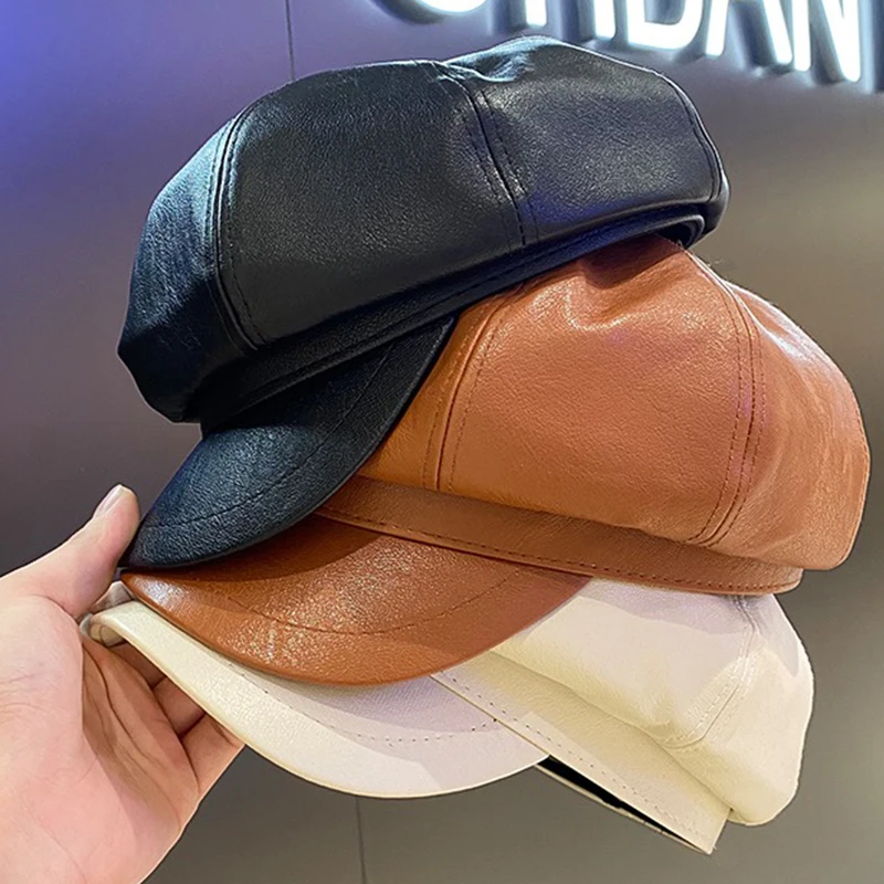 Women Men PU Leather Berets Hat Retro British Solid Beret Baseball Cap Outdoor Sun Hat Winter Warm Octagonal Hats  Caps