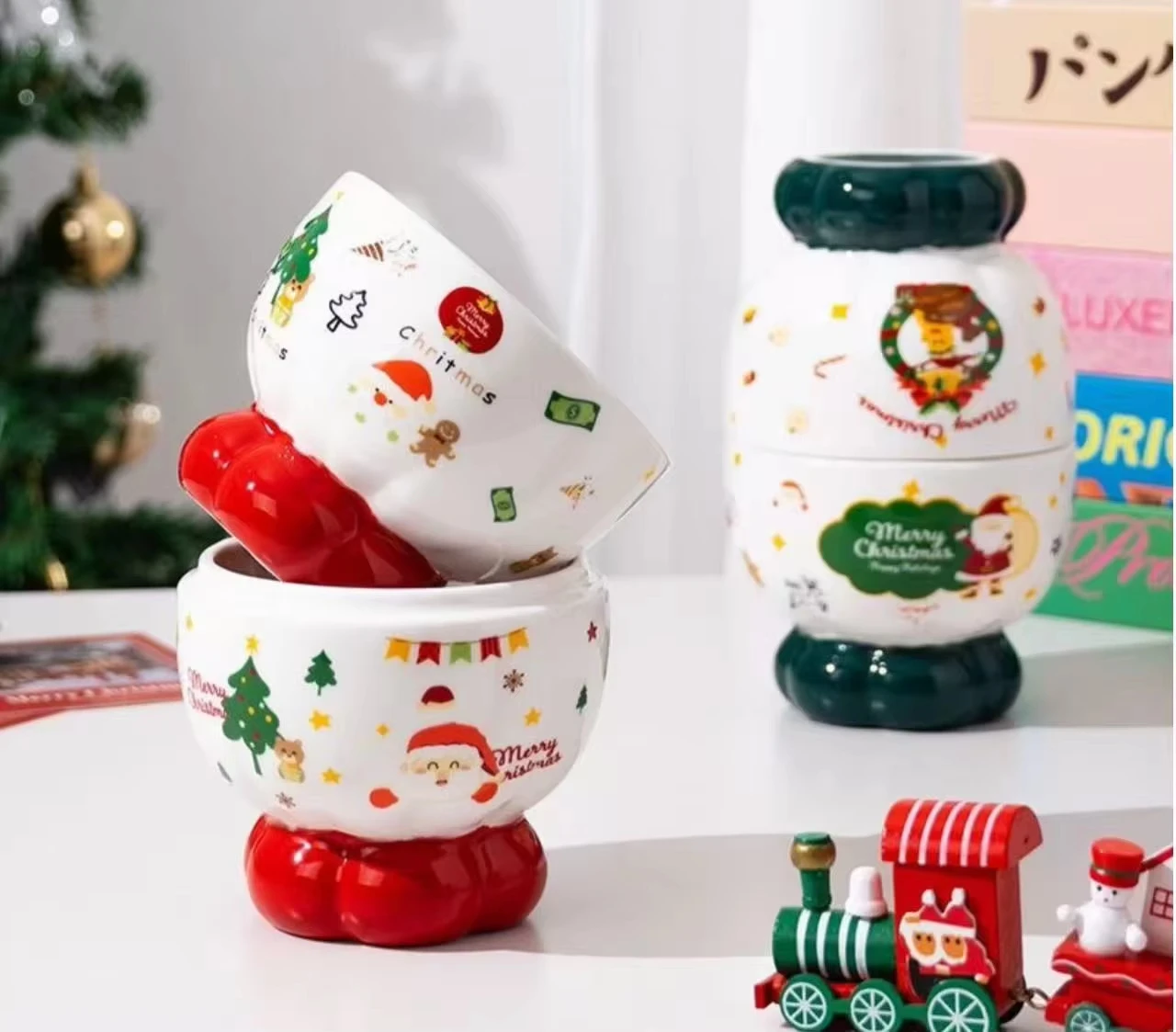 400ML  Christmas Double-layer Ceramic Decoration Candy Bowl Cartoon Santa Claus Storage Jar Decoration Ornament Holiday Gift Box view 6