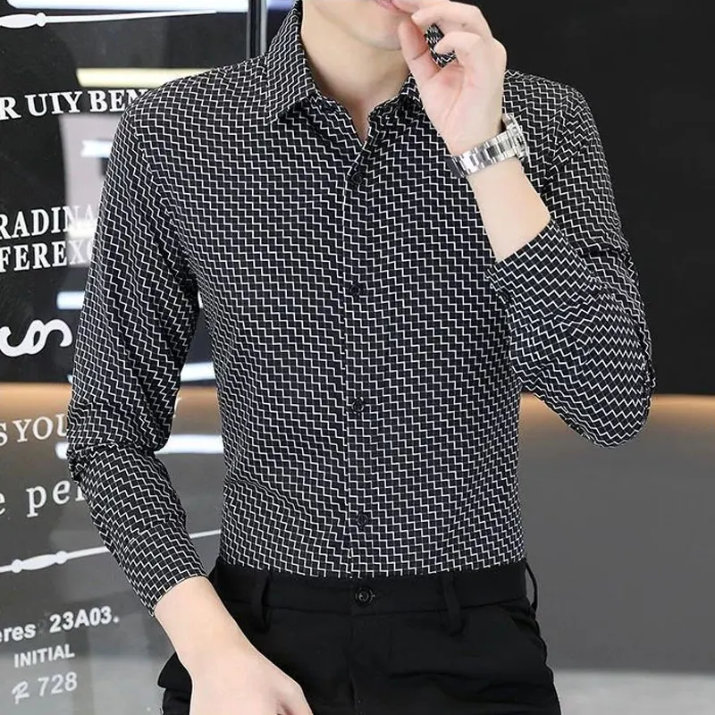 Turn-Down COLLAR Slim เสื้อแฟชั่นฤดูใบไม้ผลิฤดูใบไม้ร่วงธุรกิจเสื้อผ้าผู้ชาย Single-breasted เสื้อแขนยาวเกาหลีใหม่