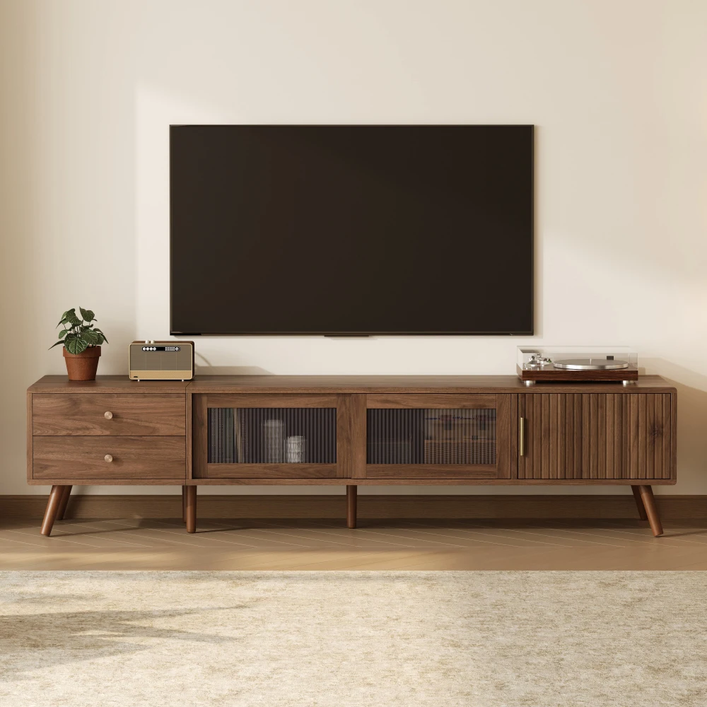 

76" Glass-Door TV Stand (Fits85"TVs) Wood-Grain Media Console with Storage for Living/Bedroom