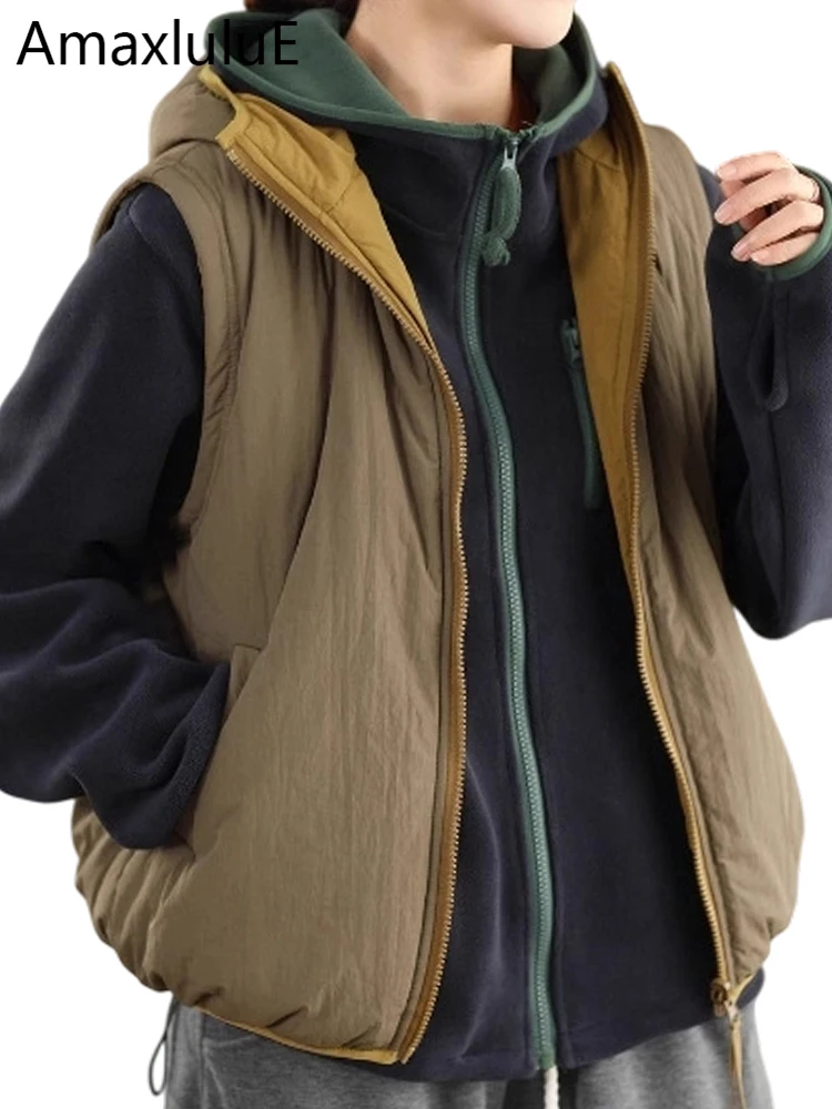 

Amax LuluE Winter Fashion Reversible Padded Hooded Vest Women 2025 Warm Sleeveless Design Coats Ladies Casual Vintage Waistcoats
