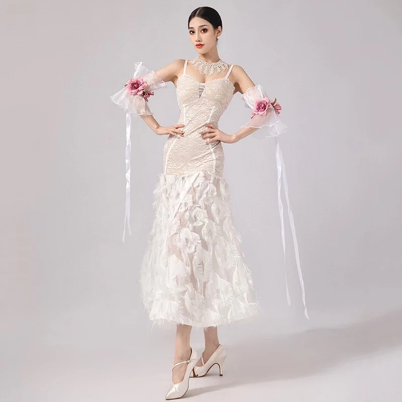 Ballroom Dance Competition Dress Women White Feather Lace Prom Dress Adult Social Dance Dress Waltz Performance Costume BL12103