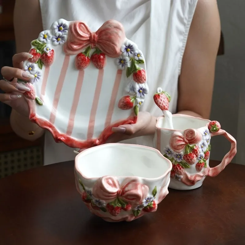 

Creative Strawberry Flower Bow Mug Plate Ceramic Cups Plate Bowl Set, Underglaze Color Safe Home Afternoon Tea Coffee Cup