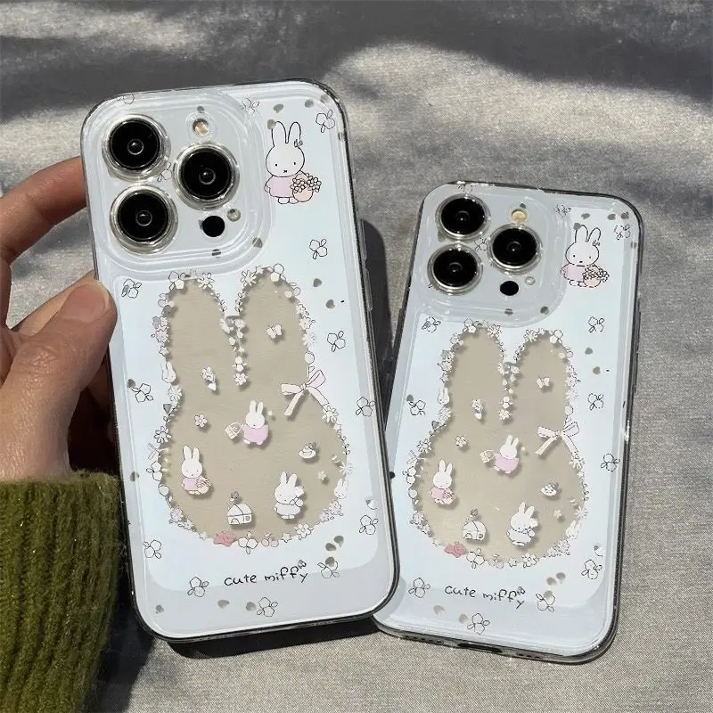 

New Kawaii Miffy Cute Hollow Floral Cartoon Miffy Rabbit Printed Soft Rubber Phone Case for iPhone 16 15 14 13 12 11 Pro Max