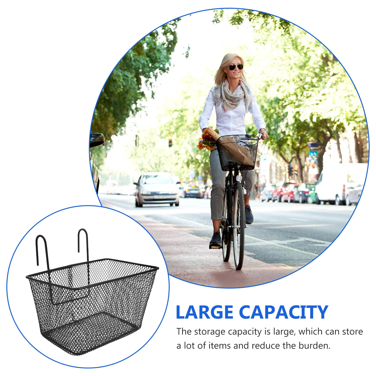 

Metal Bike Basket Sturdy Front Container Large Capacity Easy Clean Cycling Part Iron Hook Design Women Practical Bicycle Basket