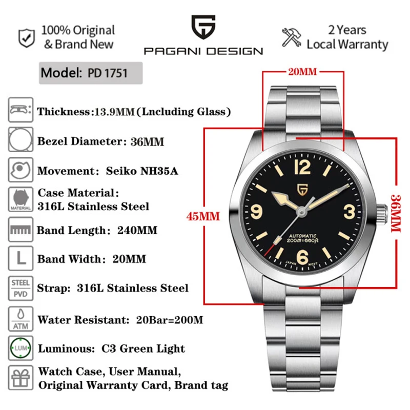 2023 New 36MM PAGANI DESIGN Men Automatic Mechanical Watches Luxury Explorer Sport NH35 Sapphire AR Coating 20Bar Reloj Hombre