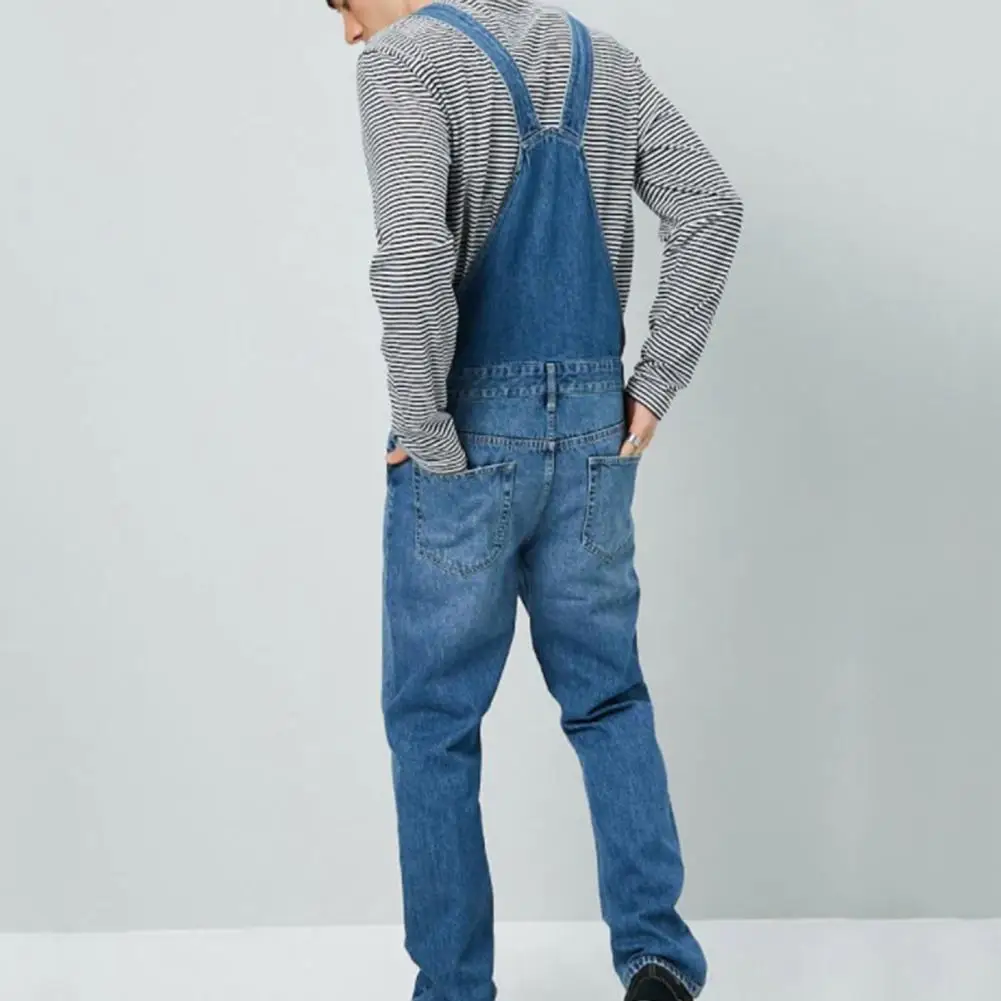 Men Pants Men's Soft Breathable Denim Jumpsuit with Suspender Long Pants Non-fading Solid Color Multi-pocket Bib for Comfortable