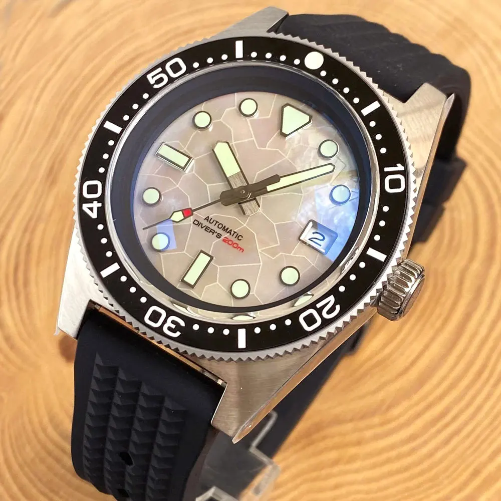 62mas Diving Steel Mechanical Men Watch NH35AA movt MOP Dial Dome Sapphire Crystal 120 Click Bezel  Ceramic Bezel Black Chapter