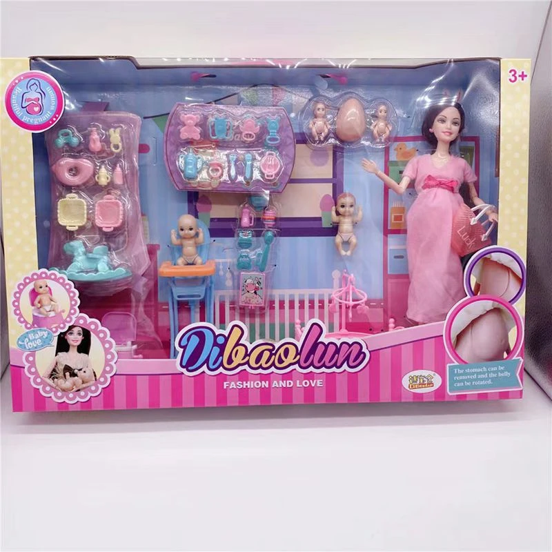 Heißer Verkauf 4-Personen-Familien-Set Kinderspielzeug Schwangere Frau Weibliche Puppe Mutter Baby Feeder Puppenhaus Bestes Geschenk für Kinder DIY