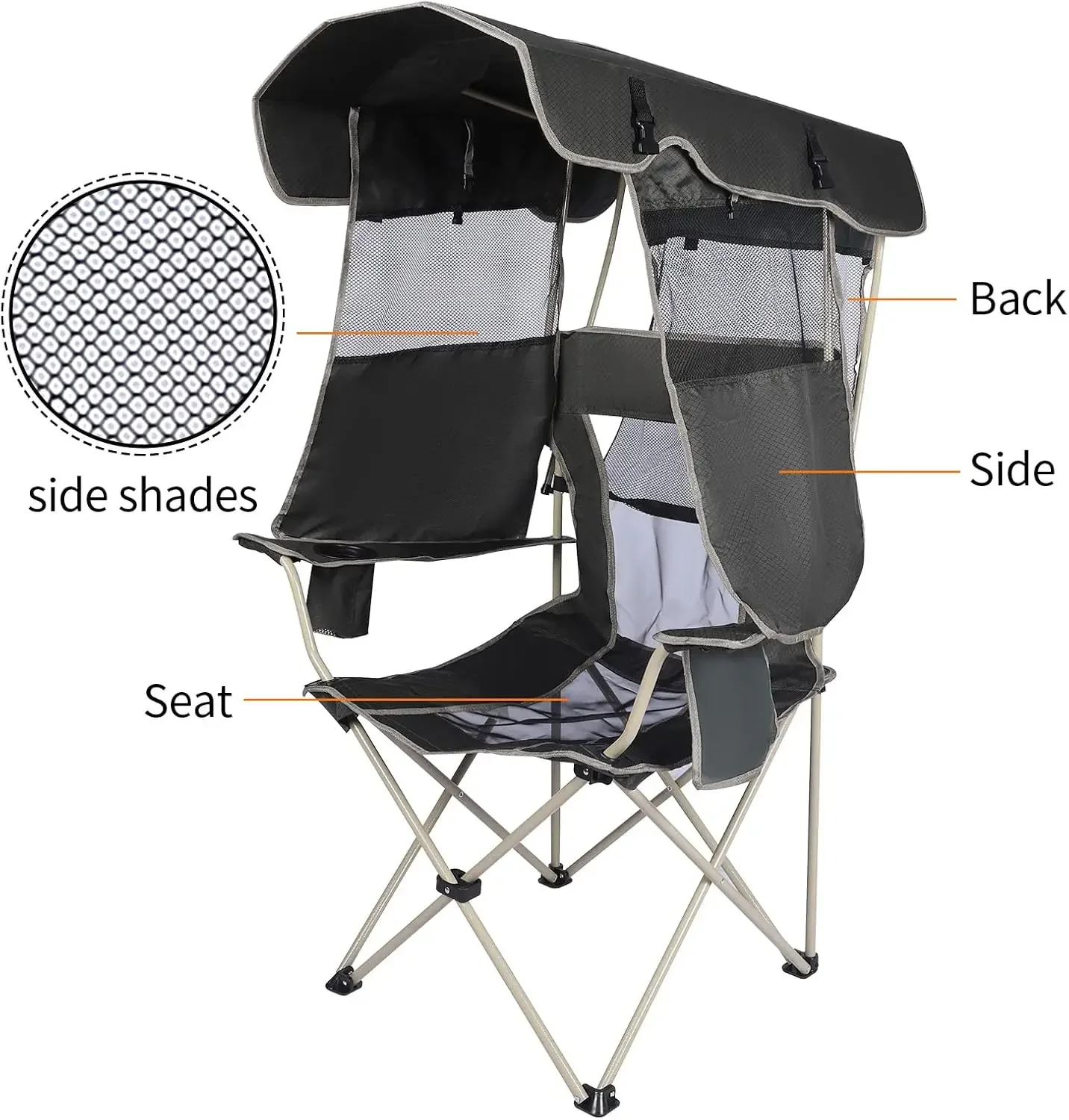 Chair with Shade Canopy - Outdoor Folding Patio Chair - Includes Retractable Sun Shade, Cup Holder, Side Pockets (Army Green)