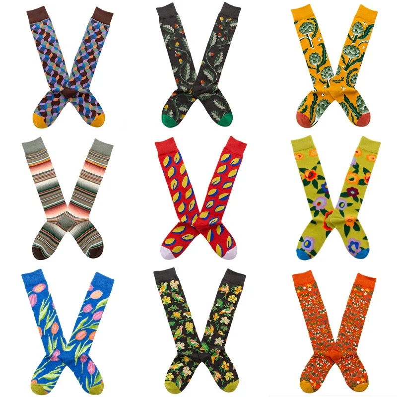 Medium and high tube calf and knee socks French ins style retro illustration literary abstract street fashion cotton socks
